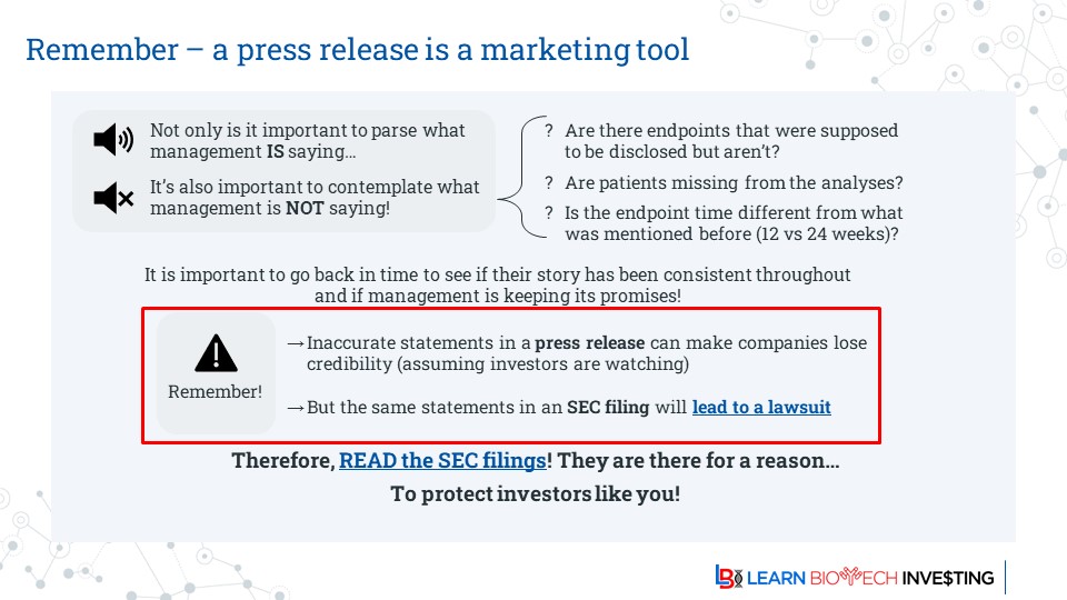 learnbiotech's tweet image. As we say here often: &quot;A press release is a marketing document, an SEC filing is a legal document&quot;

Read the SEC filings! They exist to help #investors! And they are freely available, often on the company website

#learnbiotechinvesting #biotech #investing #BiotechPrometheus