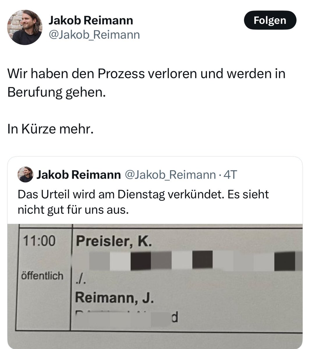 Jakob Reimann „Wir haben den Prozess verloren…“

Falsch, Herr Reimann, SIE haben den Prozess verloren. Allein SIE. SIE haben eine Falschbehauptung aufgestellt und tragen die Verantwortung für Ihr Verhalten. 

WIR haben gewonnen. Wir, der Rechtsstaat, der Feminismus &amp; ich.🎗️