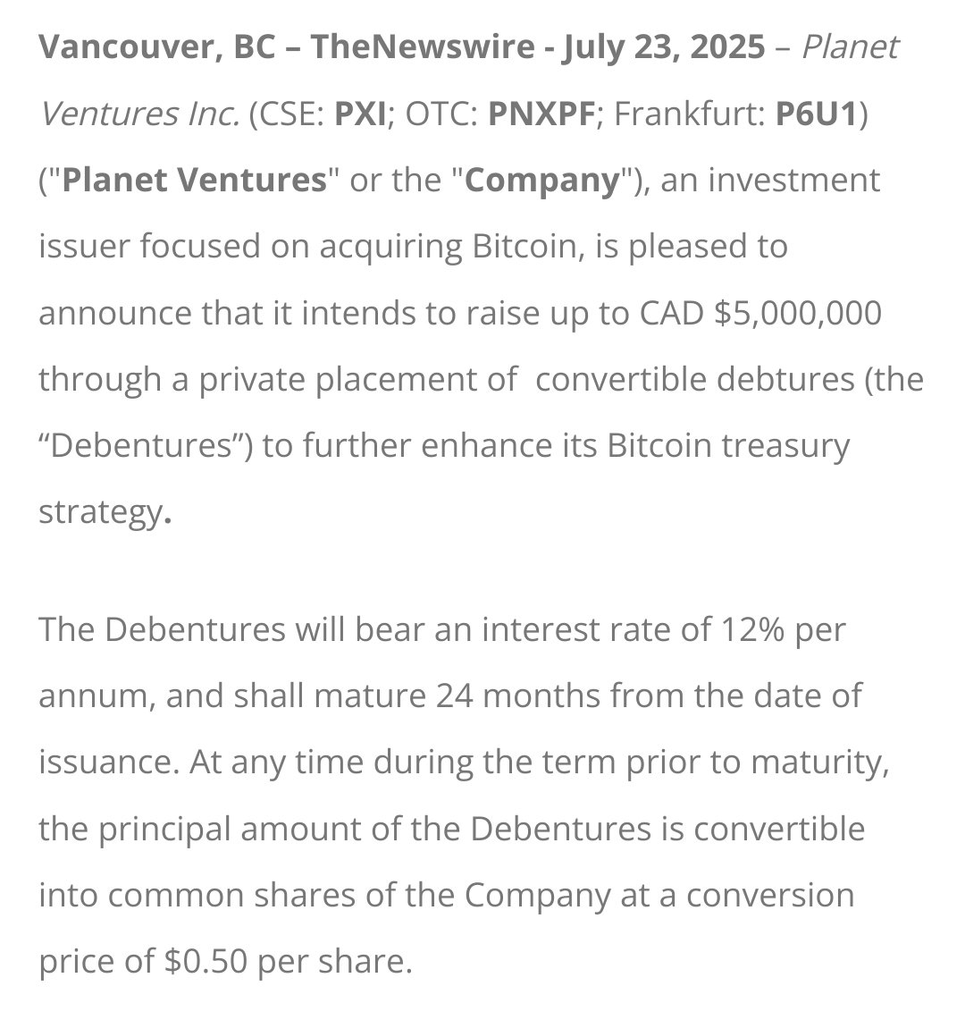 btcNLNico's tweet image. 🚨JUST IN: 🇨🇦 Planet Ventures Inc to raise up to C$5 million through convertible debt to buy more #bitcoin