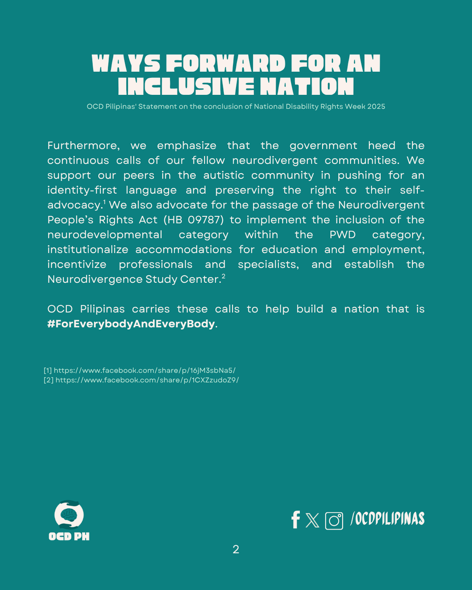 ocdpilipinas's tweet photo. READ: OCD Pilipinas’ statement on the conclusion of #NDRWeek2025 ♿️

OCD Pilipinas is one with the PWD and neurodivergent communities in carrying these calls to help build a nation that is #ForEverybodyAndEveryBody. 🇵🇭

[1] https://t.co/MZdAzOztSo
[2] https://t.co/GpK5Vp44SN https://t.co/o86MEW7lEh