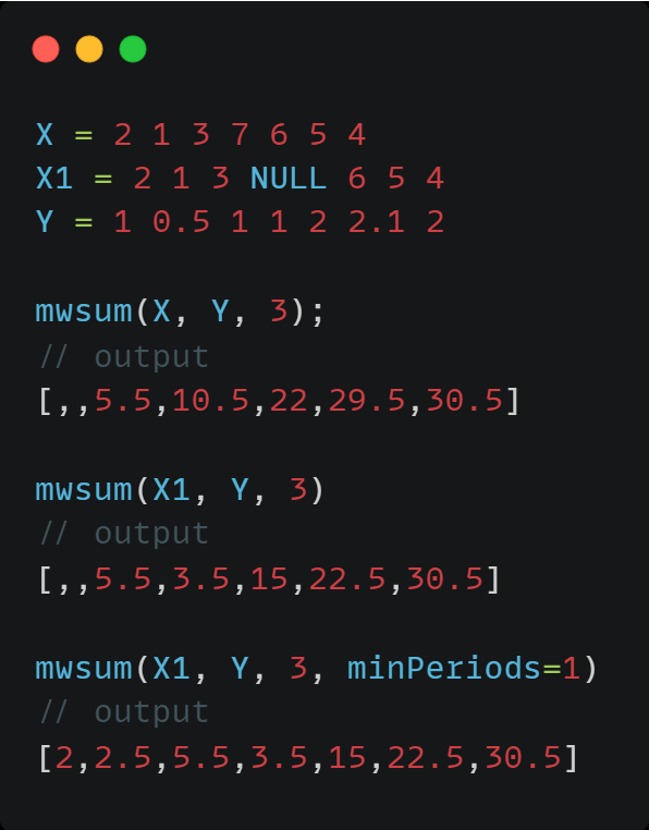 DolphinDB_Comm's tweet image. Calculate inner product of X &amp;amp; Y in sliding windows with mwsum! 📊

Computes element-wise product sum over windows (by count/time).
Syntax: mwsum(X, Y, window, [minPeriods])

#DolphinDB #SlidingWindow #MathOperations