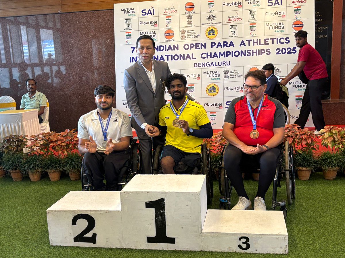 GangaSpine's tweet photo. Proud of You, Mr. Ramesh!
We are delighted to share that Mr. Ramesh, our para athlete, made us all proud at the 7th Indian Open Para Athletics International Championship 2025, held in Bengaluru.
Bringing home 3 Gold Medals 100m, 400m — with a NEW National Record! 800m.
#GSIF https://t.co/cCfbTc7oSq