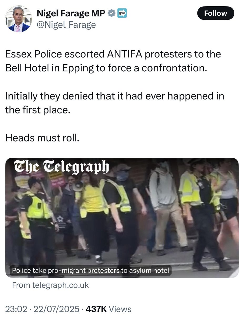 AntiRacismDay's tweet photo. Farage &amp; right wing press are trying to blame anti-racists for violence. But anti-refugee protests in Epping are organised by Neo Nazi group Homeland. Farage &amp; Telegraph are giving thugs cover to spread racism and hate. We will march on Sunday. We urge anti-racists to join us. https://t.co/aKOs8QFjqX
