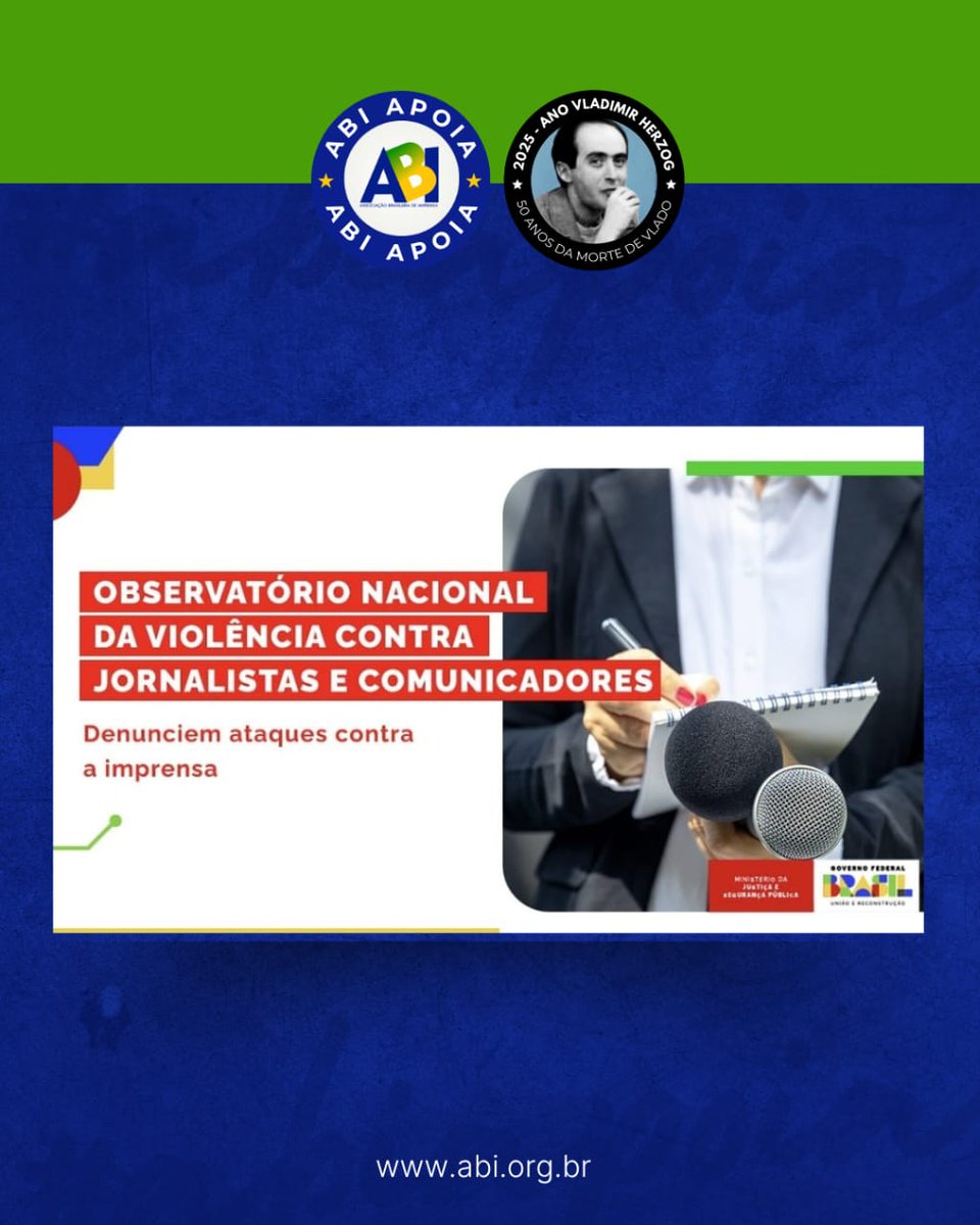 A ABI apoia o Observatório Nacional da Violência Contra Jornalistas e  Comunicadores e pede que denunciem ataques contra jornalistas. Saiba mais em: gov.br/mj/pt-br/canai…

#ABI #violenciacontrajornalistas #mjsp #jornalismo
