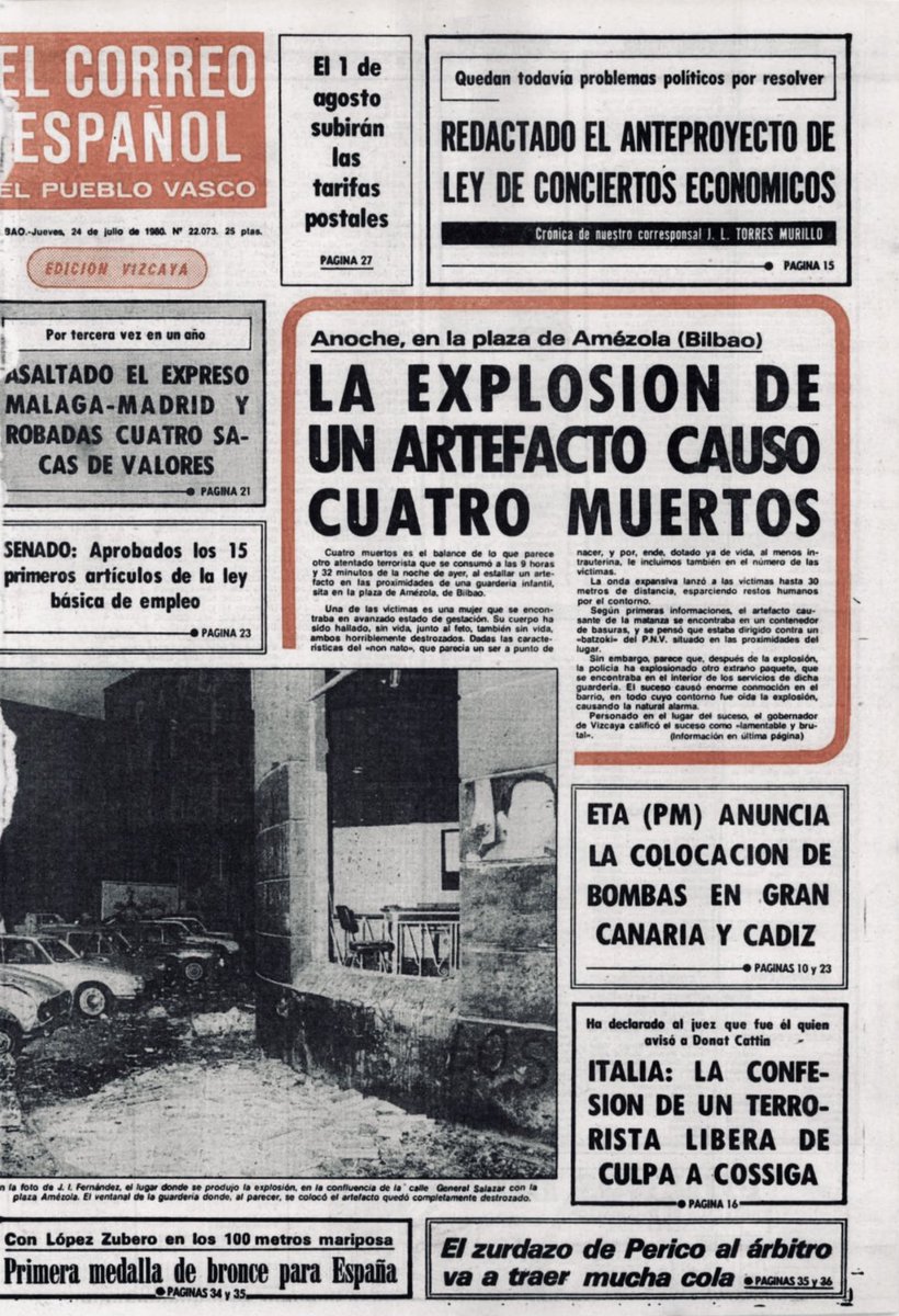 ConsuorF's tweet image. Así mataba el terrorismo de extrema derecha #TalDiaComoHoy de 1980 en #Bilbao con una potente bomba a los hermanos Contreras, Antonio de tan solo 11 años y María de 17 que estaba embarazada de casi nueve meses y al trabajador de la limpieza Anastasio Leal.
También #impunes 🧵