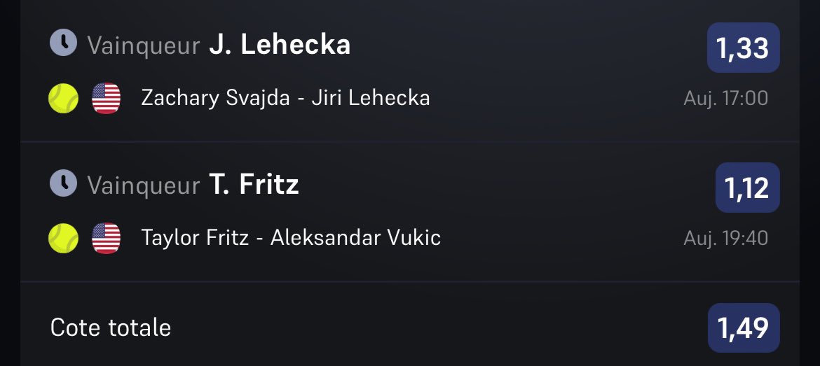TokuchiPronos's tweet photo. 🚀 OBJECTIF X50
🪜MONTANTE 🪜
PALIER 1:
🎾 ATP WASHINGTON 🇺🇸
🎯 Lehecka + Fritz ML
💥 Cote : 1,49 https://t.co/SuKqWQZum5