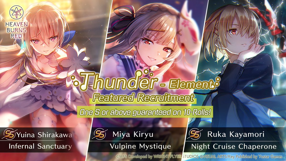 hbr_official_en's tweet image. Thunder-Element Featured Recruitment

📅 Recruitment Duration:
7/25 0:00 ~ 8/7 23:59 (UTC-7)

The following SS Memorias will appear at a higher rate in this recruitment:
SS [Night Cruise Chaperone]Ruka Kayamori
SS [Night Cruise Attendant]Yuki Izumi
SS [Deliverer of Miracle]Erika…