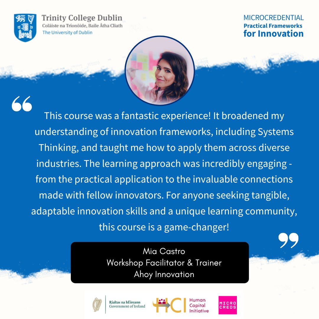 TCDPortal's tweet image. From buzzword to practice, hear how Mia transformed her approach to innovation after completing the 7-week 'Practical Frameworks for Innovation'.
Discover what makes this programme unique:
👉 hubs.la/Q03yrbSM0
#DesignThinking #Innovation #problemsolving #futureskills