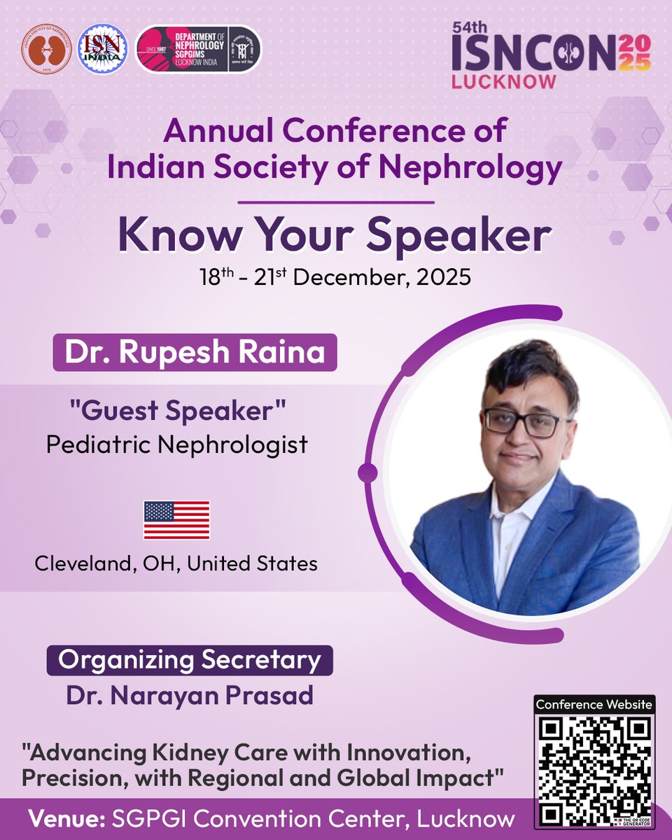 Isncon25's tweet image. π Meet the Expert | ISNCON 2025
βοΈ Dr. Rupesh Raina
Welcoming our Renowned International Faculty to Lucknow!
Learn from the best in Nephrology this December.
π SGPGIMS, Lucknow
π
18th β 21st Dec 2025
#ISNCON2025 #MeetTheExpert #GlobalFaculty #ISNCONLucknow