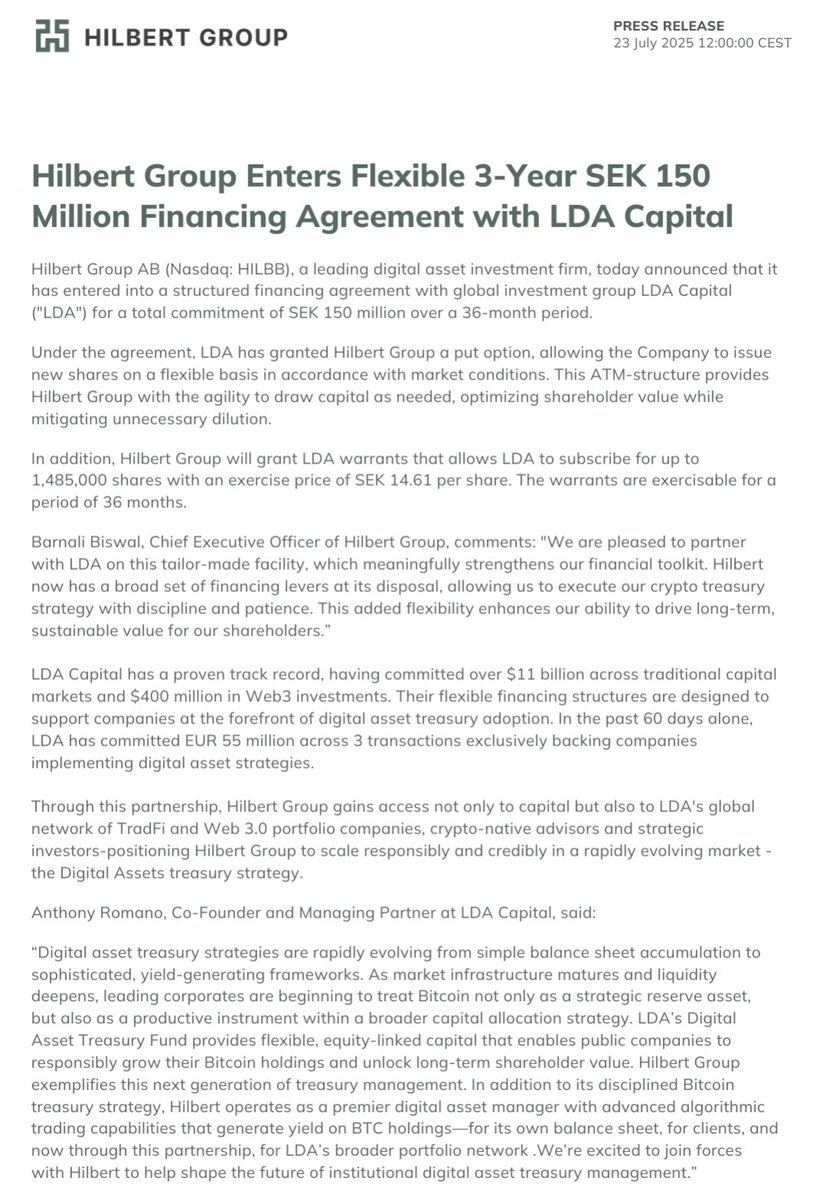 btcNLNico's tweet image. 🚨JUST IN: 🇸🇪 Hilbert Group secures a SEK 150M ($15.8 million) structured financing agreement with LDA Capital to support its #Bitcoin treasury strategy.
The ATM-style facility allows flexible capital drawdowns over 36 months to buy more BTC.
