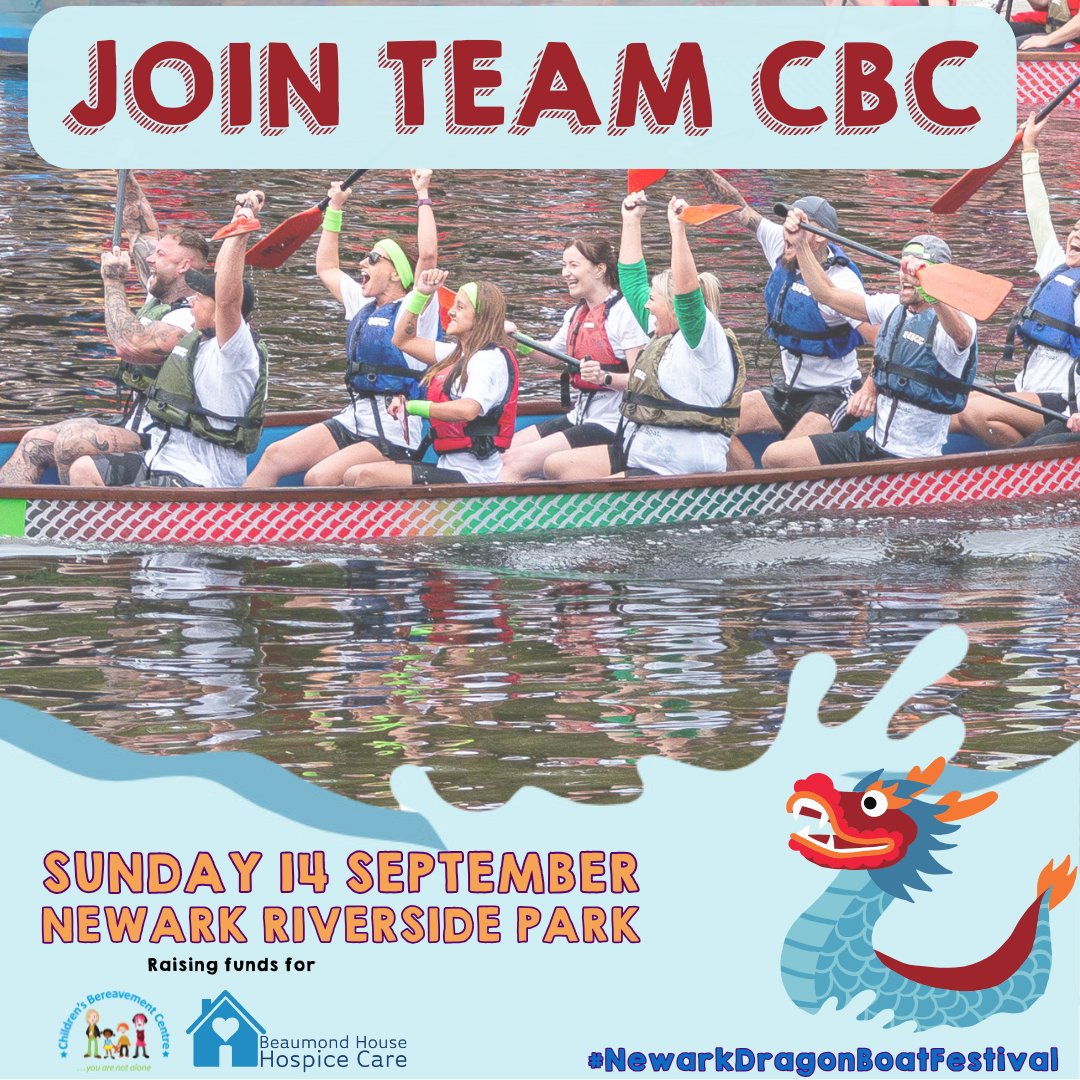 Children's Bereavement Centre (@cbereavementc) on Twitter photo 🚨 Paddlers wanted! 🛶💙
Join #TeamCBC at the Newark Dragon Boat Race – Sun 14 Sept 🐲
We’ve got our very own boat & we’d love you to jump aboard💪🌊
👕 CBC tee
💙 Team spirit
🏁 A day of fun & purpose!
claire@childrensbereavementcentre.co.uk to join us! 🚨 Paddlers wanted! 🛶💙
Join #TeamCBC at the Newark Dragon Boat Race – Sun 14 Sept 🐲
We’ve got our very own boat & we’d love you to jump aboard💪🌊
👕 CBC tee
💙 Team spirit
🏁 A day of fun & purpose!
claire@childrensbereavementcentre.co.uk to join us!