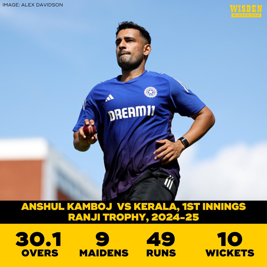 WisdenCricket's tweet image. Anshul Kamboj had become just the third to take all ten wickets in an innings in the Ranji Trophy last year 😲
He is making his Test debut against England today.
#ENGvIND