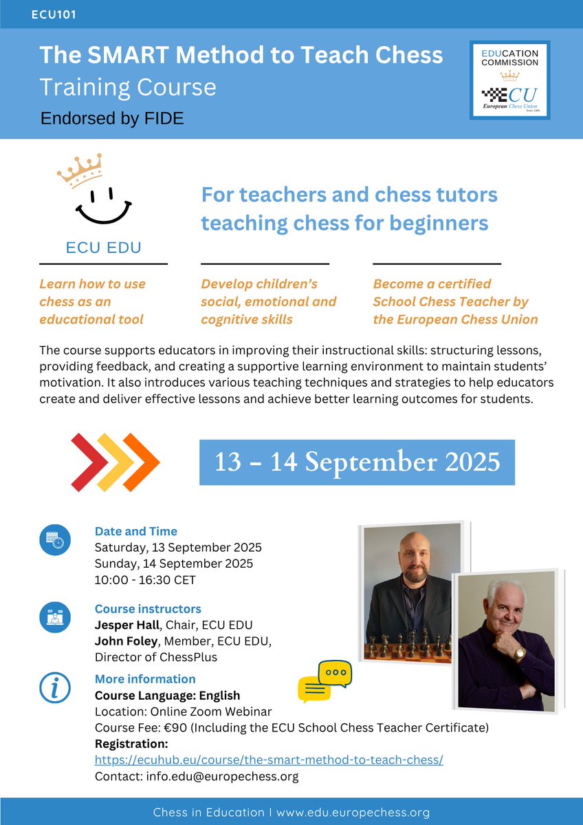ECU_Education's tweet image. Enjoy your summer break, but keep an eye on the next training course in English we start with, in September.
More info and registration:
👉 ecuhub.eu/course/the-sma…
@ECUonline
#chessineducation