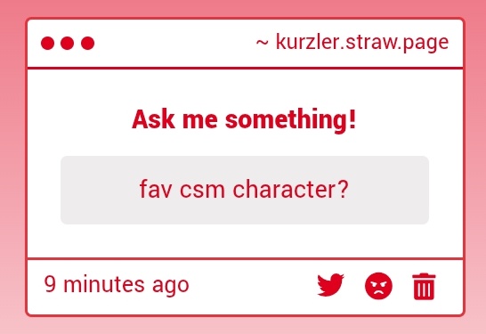 kurzler's tweet image. AAAAAA!!!!! this is actually hard because i always switch between denji and asa being my favorites๐ญ these two definetly and also aki is up there๐ค