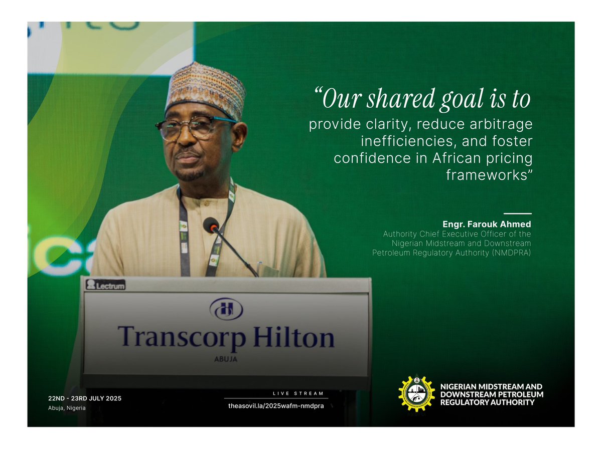 NigeriaGov's tweet image. “Africa must shape its own energy destiny.”
At #WAFM2025, NMDPRA’s Engr. Farouk Ahmed laid out a bold vision for Africa’s pricing independence and Nigeria’s role as a regional hub.
🔑 Key Quotes:
1. “Africa needs its own pricing system.”
2.“Nigeria is becoming a trade &…