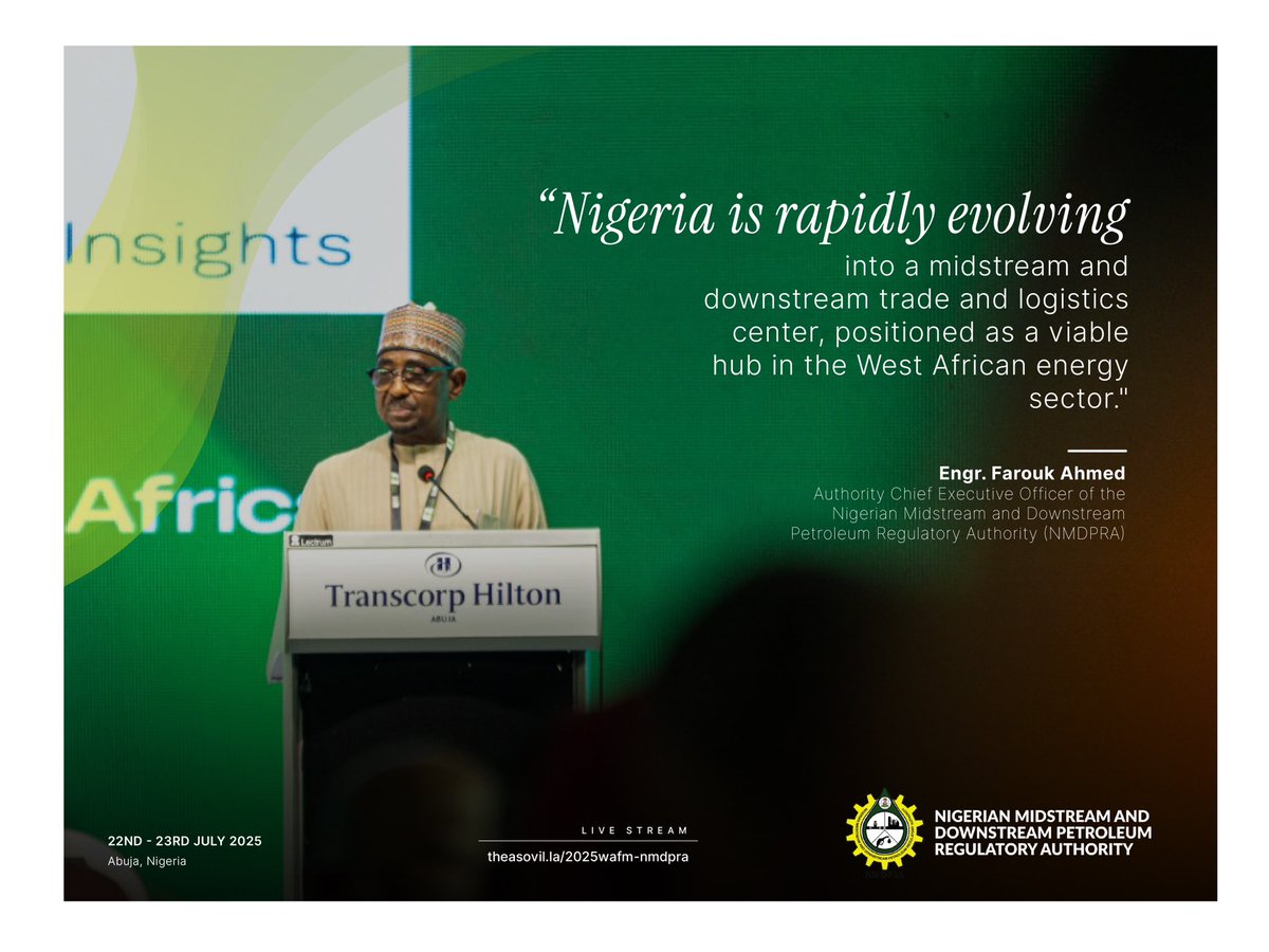 NigeriaGov's tweet image. “Africa must shape its own energy destiny.”
At #WAFM2025, NMDPRA’s Engr. Farouk Ahmed laid out a bold vision for Africa’s pricing independence and Nigeria’s role as a regional hub.
🔑 Key Quotes:
1. “Africa needs its own pricing system.”
2.“Nigeria is becoming a trade &…