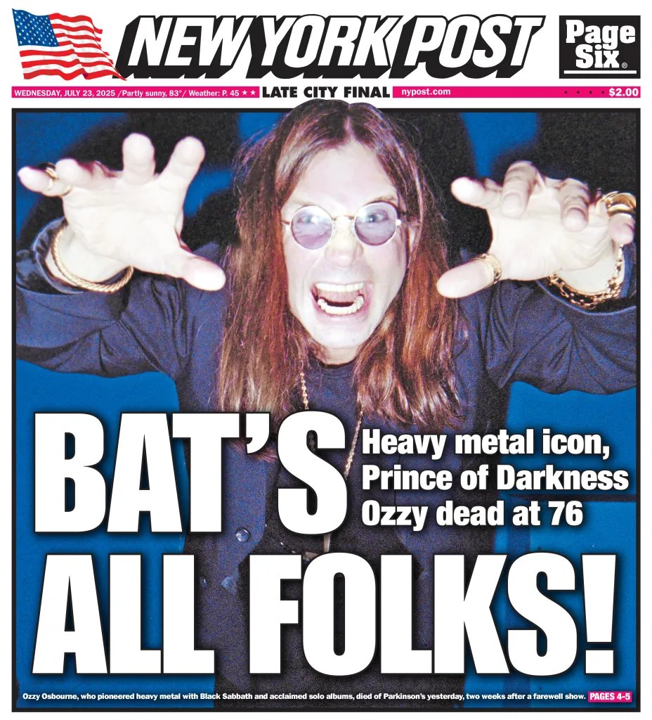 Today's cover: Black Sabbath legend Ozzy Osbourne, the Prince of Darkness, dead at 76 trib.al/KJIlXiZ