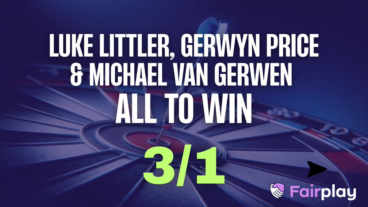 Fairplayapp's tweet image. FAIRPLAY WORLD MATCHPLAY TREBLE
3/1 on Littler, Price & Van Gerwen all to win 🎯
Download the new Fairplay Sportsbook now! 📱
onelink.to/fairplay-sb
18+ GambleAware