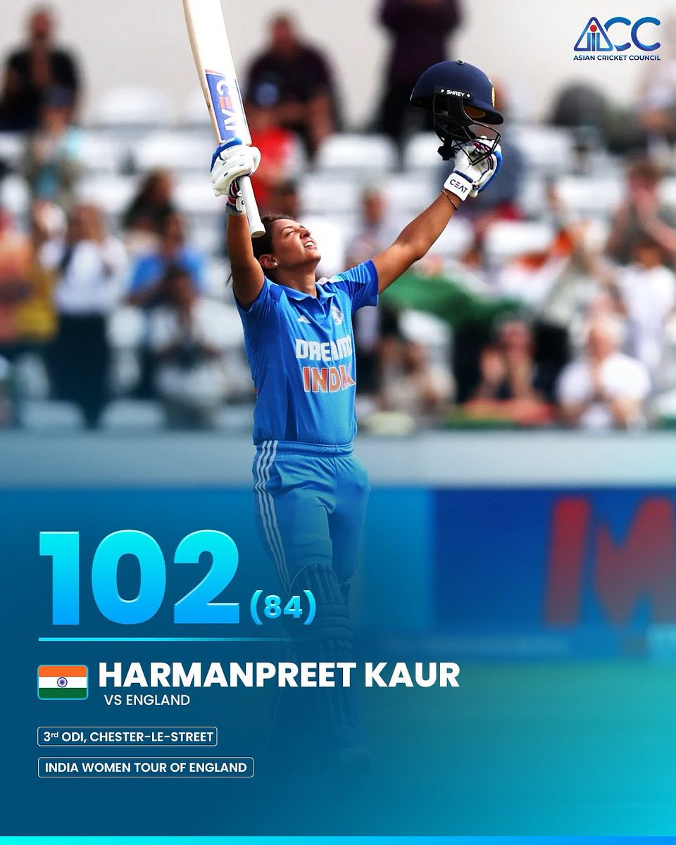 ACCMedia1's tweet image. A captain’s knock for the ages! 💯🇮🇳
Harmanpreet Kaur lit up Chester-le-Street with a sensational 102 off 84 balls against England!

#ENGWvINDW #ACC