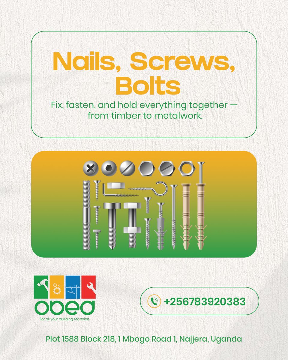 obedhardware's tweet image. Are you planning to build or repair? Don't compromise on strength! 💪 #ObedHardware provides high-#QualityNails, #Screws, and Bolts to ensure your projects stand the test of time. 

Get solid connection!
Call:  +256 783 920 383