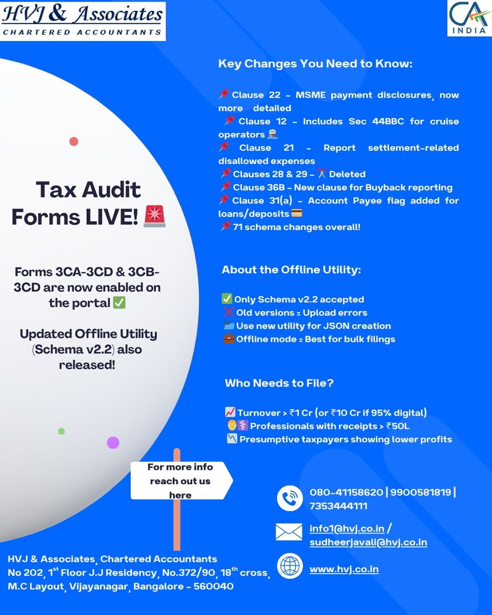 hvj_associates's tweet image. Tax Audit Forms LIVE! 

To know more click on the link in bio or visit hvj.co.in

HVJ &amp;amp; Associates
Vijayanagar, Bangalore-560040
Reach out : 080-41158620 / 9900581819/ 7353444111

#TaxAudit2025
 #Form3CD
 #FinanceProfessionals
 #CharteredAccountant
