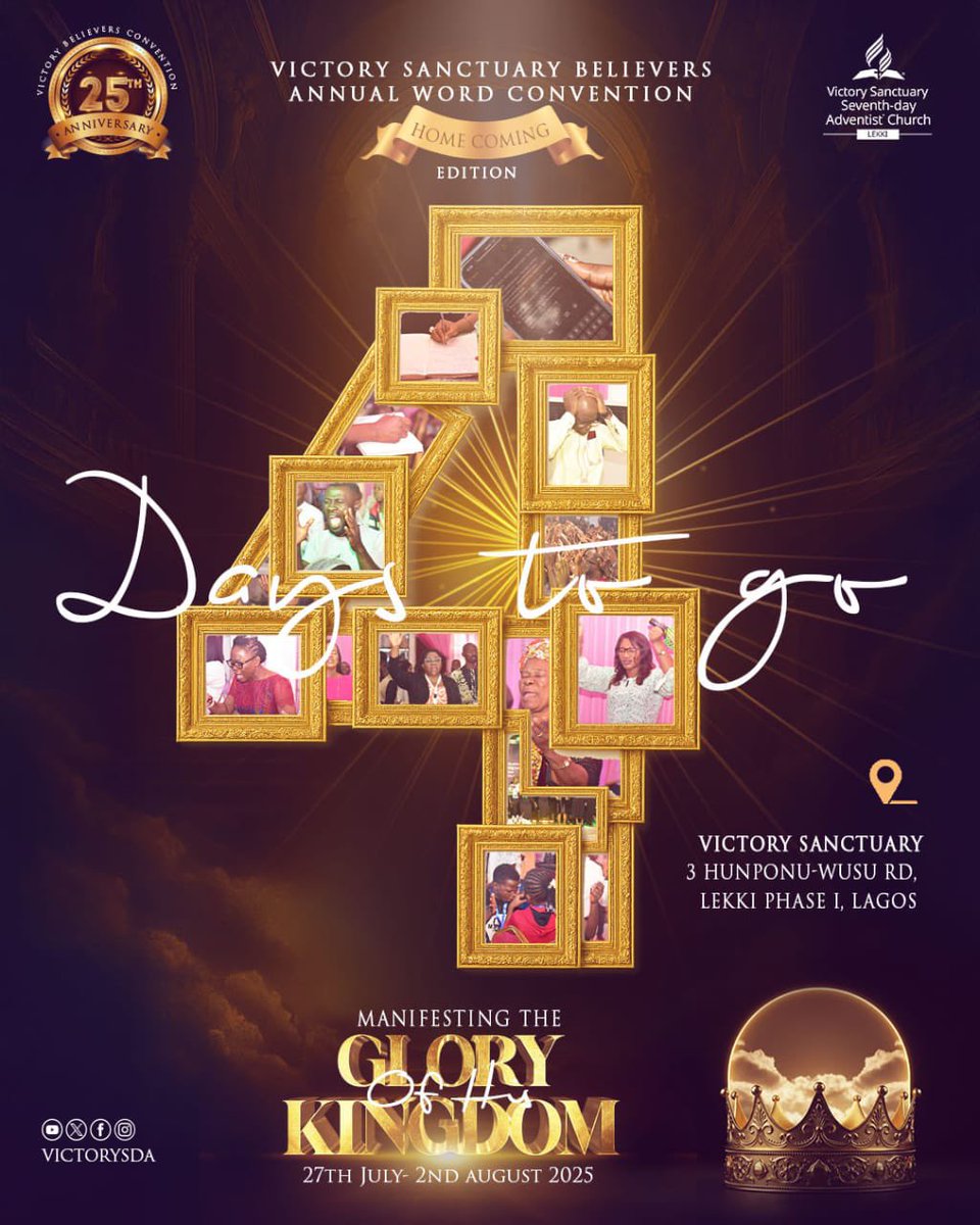 *4 Daysssss!!! 🎉*

Are you excited?! 🗣️

The countdown just turned personal.
The fire is on. The people are coming. The result is VICTORY. 💃🏽🕺🏽

🗓️ July 27 – Aug 2
📍 Victory Sanctuary, Lekki
👑 Theme: Manifesting the Glory of His Kingdom