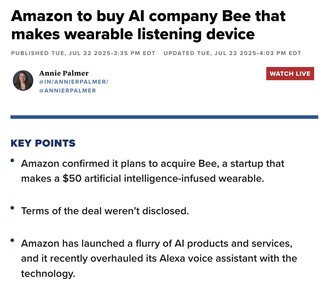 WesRothMoney's tweet image. Amazon is stepping up its AI game with the acquisition of Bee, the startup behind a $50 AI-powered wearable that listens, summarizes, and organizes daily tasks.
With Alexa now upgraded with generative AI and Bee joining the family, Amazon is clearly aiming to turn personal…