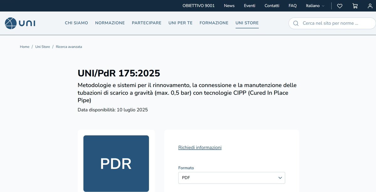 Grazie al lavoro di IATT e <a href="/normeUNI/">UNI</a> è stata pubblicata la nuova Prassi di Riferimento 175:2025 sulle tecnologie CIPP (Cured In Place Pipe).
Il testo è scaricabile qui: 
store.uni.com/uni-pdr-175-20…