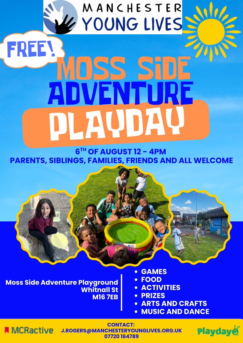 Manchester Young Lives (@myl_info) on Twitter photo Join us for National Play Day ☀ #PlayDay2025
Free fun activities and food for children and their
families. Everyone welcome, come join us!
#Wythenshawe #Ardwick #MossSide
#ChildFriendlyManchester #SummerHolidays #SpacesforPlay
<a href="/MCRActive/">Manchester Active</a> Join us for National Play Day ☀ #PlayDay2025
Free fun activities and food for children and their
families. Everyone welcome, come join us!
#Wythenshawe #Ardwick #MossSide
#ChildFriendlyManchester #SummerHolidays #SpacesforPlay
<a href="/MCRActive/">Manchester Active</a>