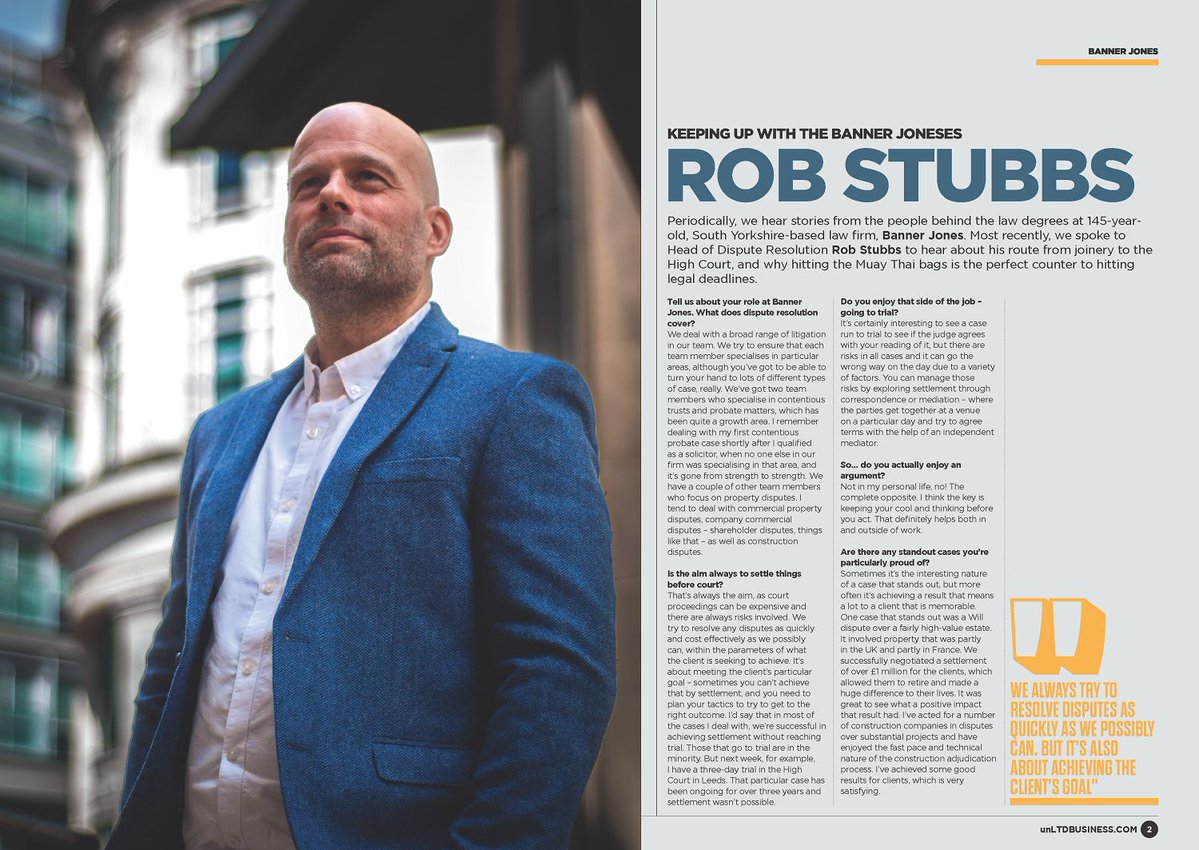 Banner Jones Solicitors (@bannerjones) on Twitter photo Rob Stubbs, Head of our Dispute Resolution team, gives some insight into his role as a solicitor and his journey into a legal career in the latest edition of <a href="/unLTDbusiness/">unLTD Business</a> magazine.
๐ Read his story here - pages 42-45
buff.ly/7beoH7A
#southyorkshire #legalfirm Rob Stubbs, Head of our Dispute Resolution team, gives some insight into his role as a solicitor and his journey into a legal career in the latest edition of <a href="/unLTDbusiness/">unLTD Business</a> magazine.
๐ Read his story here - pages 42-45
buff.ly/7beoH7A
#southyorkshire #legalfirm
