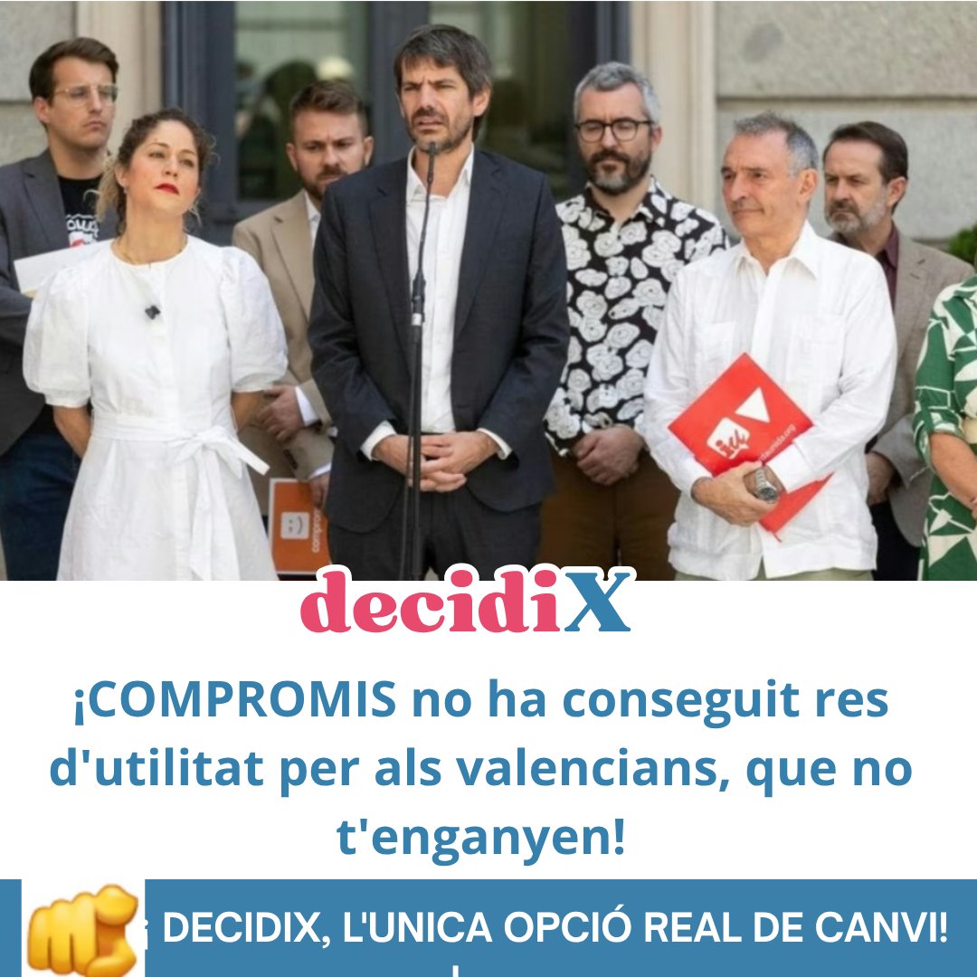 ❗️Mig milló d'euros trau Compromís a Sánchez per a finançar a entitats que fomenten el pancatalanisme en Valéncia.

💰Diners per a obres hidràuliques que protegixquen els pobles valencians no demanen, pero per a sostindre els seus chiringuitos no fallen.

🫵¡Aposta per DecidiX!