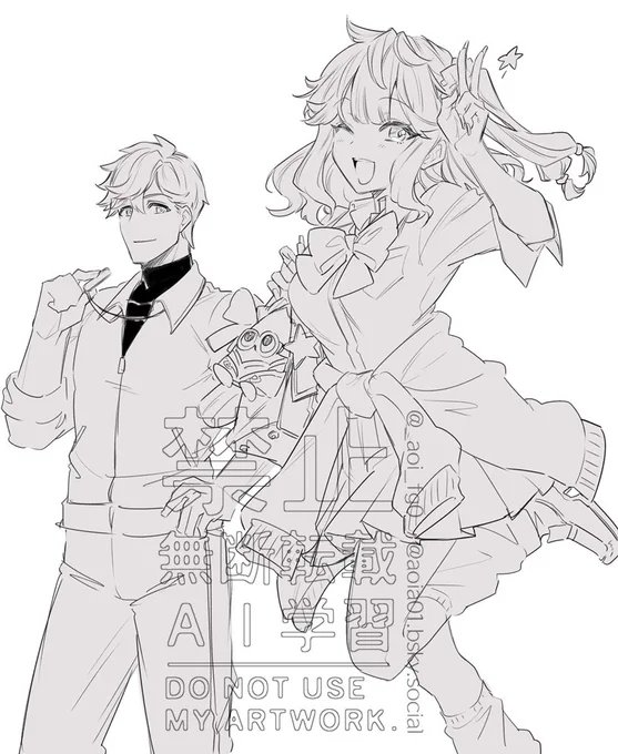 こっちはデューラー兄妹もちゃんと学園路線にしなぁ!?という気持ちで勝手に描いた体育教師ヴィクトルとギャルアイラ(ユミアとおそろのセーラーにしようと思ったけどセーラーのデザインがそもそもユミアのデフォルト衣装のアレンジっぽかったので違う制服にした) 