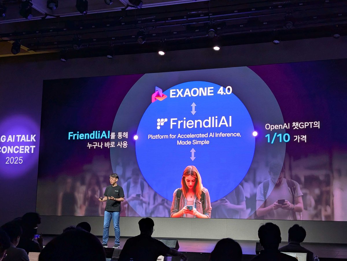 Today at the LG AI Talk Concert 2025, our CEO Byung-Gon Chun took the stage to celebrate our partnership with LG in providing the API for #EXAONE 4.0, LG AI Research’s latest foundation model, on FriendliAI. 
With FriendliAI’s high-performance inference service, EXAONE 4.0 is now