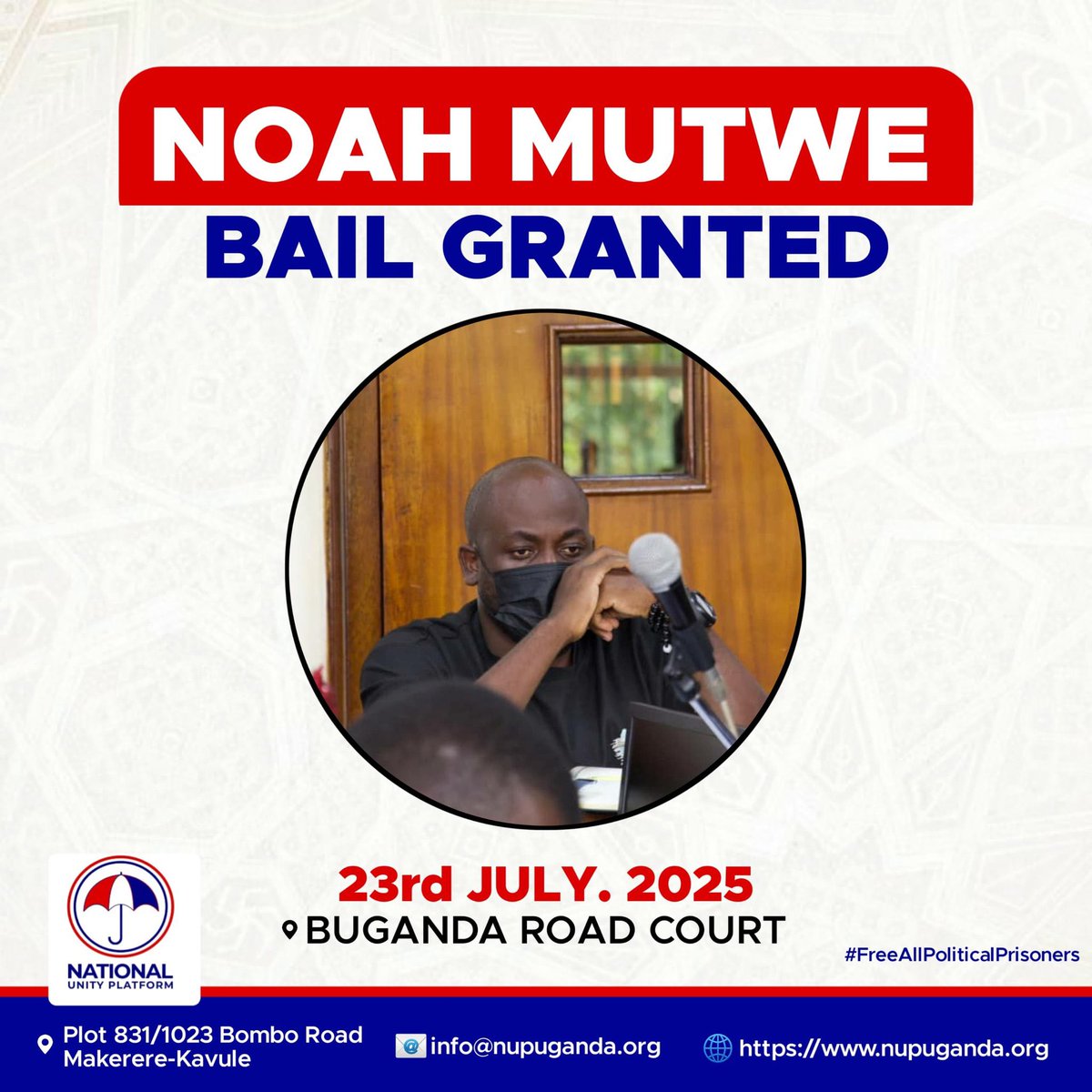 NUP_Ug's tweet image. This morning court has granted comrade @Noahmutwe1 a cash bail of UGX 5m, after spending two months in detention.
Such an exorbitant amount is very draining for an ordinary Ugandan seeking justice. Ugandans of good conscience must condemn this sort of exploitation!…