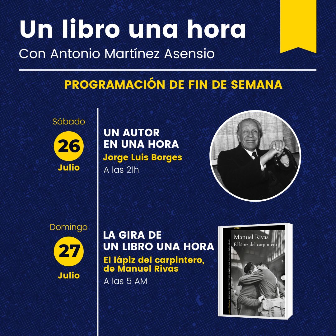 Este fin de semana: doble ración de radio y literatura.

👉 Sábado: Un autor en una hora, dedicado a Jorge Luis Borges.
👉 Domingo: La gira de un libro una hora, con 'El lápiz del carpintero', de Manuel Rivas.

¿Te lo vas a perder? 😍