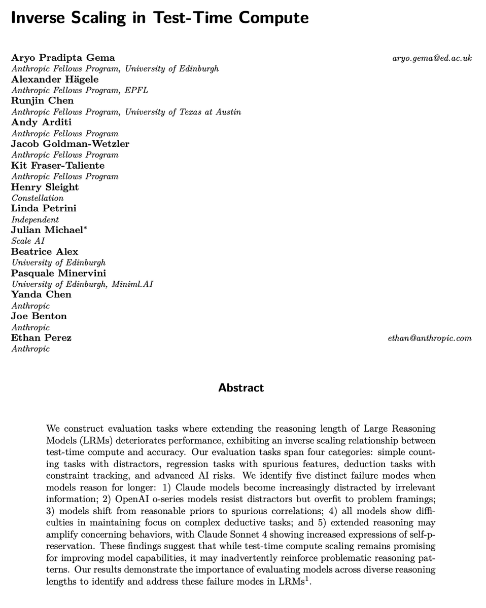 WesRothMoney's tweet image. A new research paper from Anthropic and collaborators has revealed a surprising twist in AI reasoning: more compute at test time can actually make large reasoning models worse.
The study shows that extending a model's reasoning chain often leads to distractions, overfitting, or…