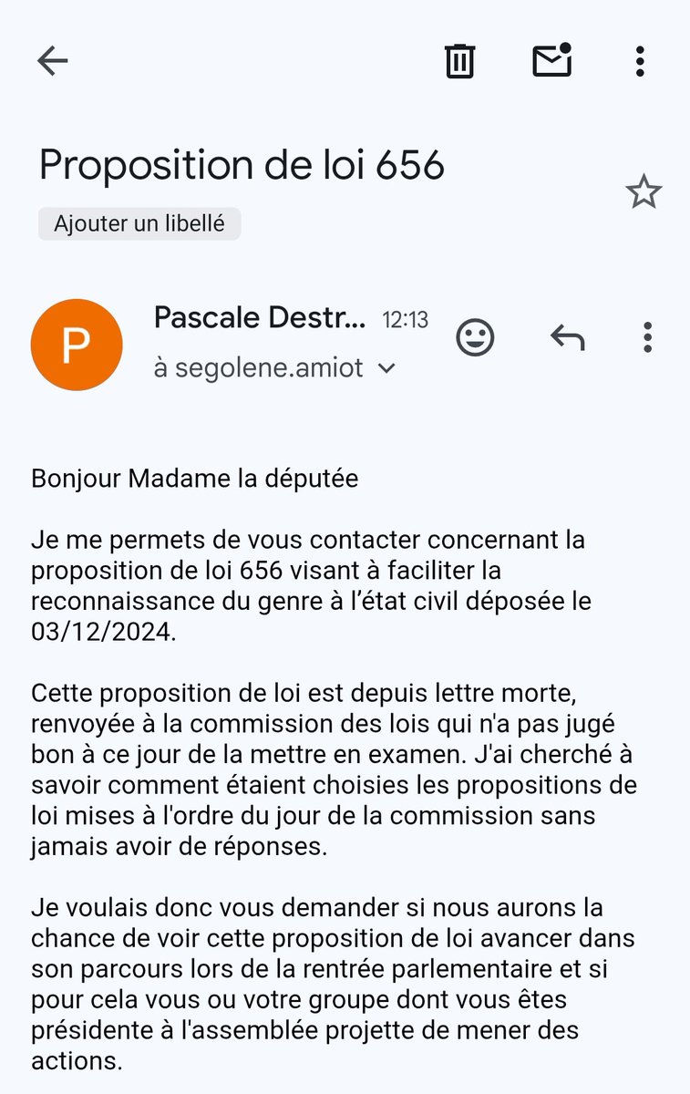 PascaleD76079's tweet image. Email envoyé ce jour aux député(e)s @MathildePanot @Deputee_Obono @Cyrielle_Chtl @BorisVallaud #trans #loi #NFP