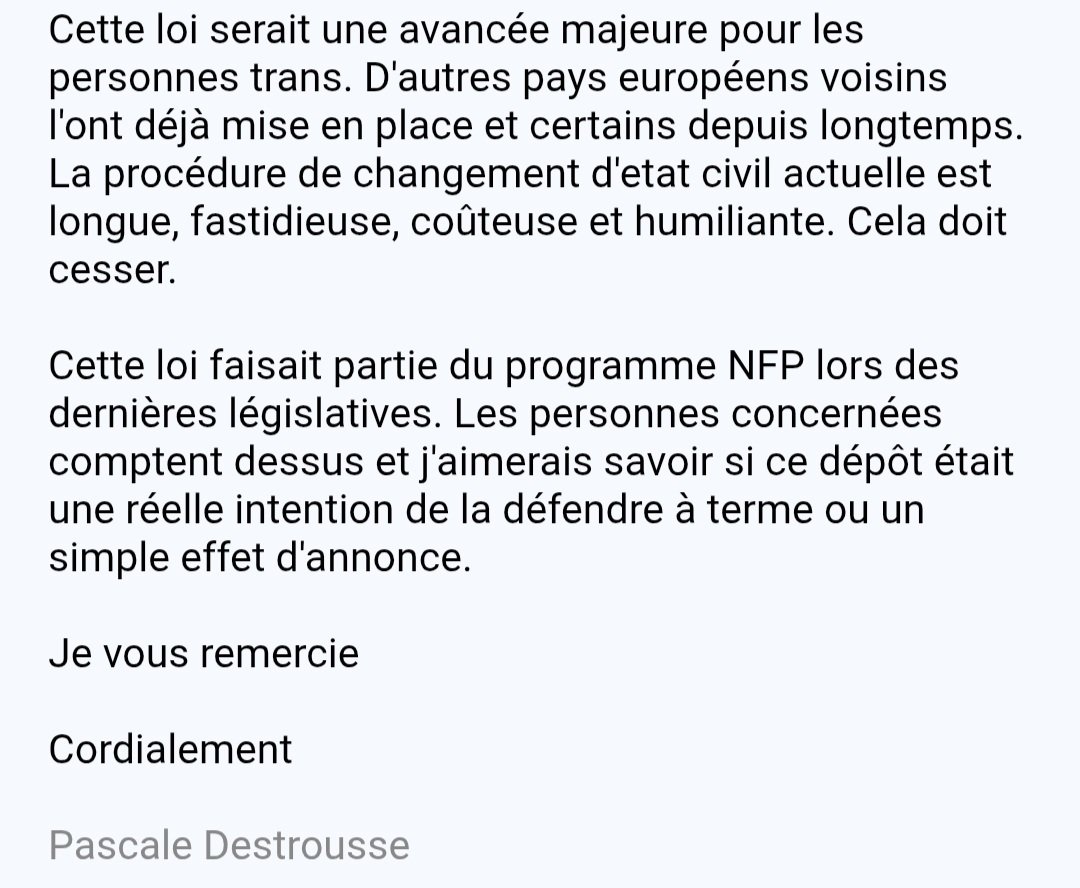 PascaleD76079's tweet image. Email envoyé ce jour aux député(e)s @MathildePanot @Deputee_Obono @Cyrielle_Chtl @BorisVallaud #trans #loi #NFP