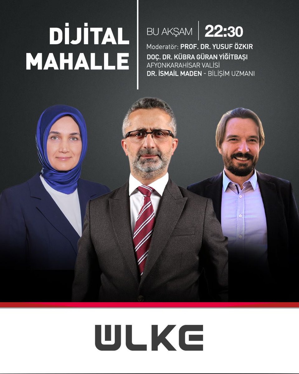 Afyonkarahisar Valisi 
Doç. Dr. Kübra Güran Yiğitbaşı
⁦<a href="/kubrayigitbasi/">Doç. Dr. Kübra Güran Yiğitbaşı</a>⁩
bu akşam ⁦<a href="/ulketv/">ÜLKE TV</a>⁩'de #DijitalMahalle programında konuğumuz oluyor.
Dijitalleşmeyle birlikte hayatımıza giren sanal tuzakları ve çözüm önerilerini konuşacağız, bekleriz 👇
