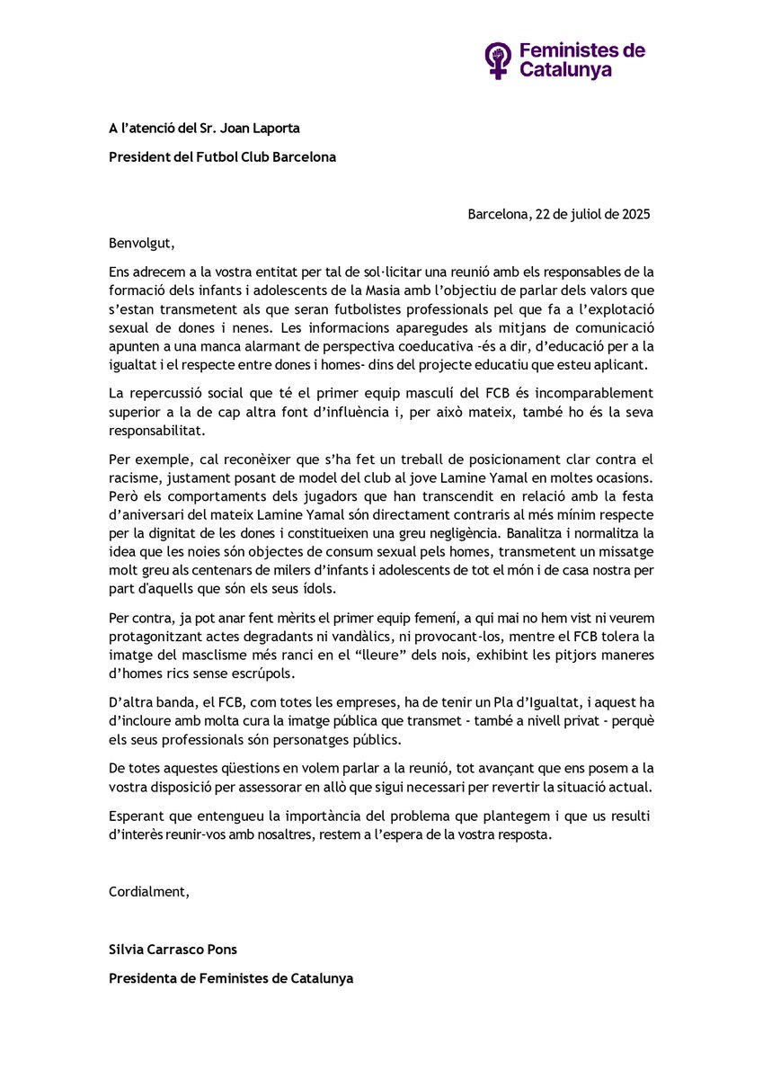 feministes_cat's tweet image. Hem enviat aquesta carta a @JoanLaportaFCB @FCBarcelona_cat @FCBmasia @FundacioFCB
Teniu una gran responsabilitat i tenim unes lleis:
-Educar per a la igualtat a la Masia
-Aplicar un Pla d'Igualtat a l'empresa
Prou banalitzar la cosificació i l'explotació sexual de les dones.