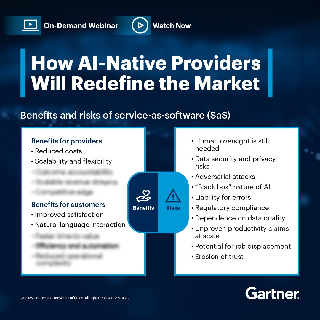 Gartner_inc's tweet image. AI-native companies are scaling 40% faster than traditional SaaS providers, redefining what software can do: gtnr.it/4m4CaRf

Explore the shift from SaaS to service-as-software and what it means for your product, pricing, and delivery.

#GartnerHT #AI #SaaS…