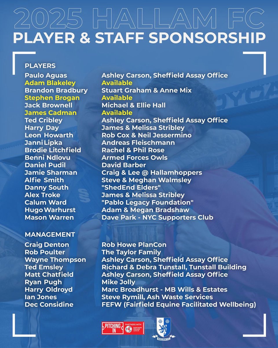 Player Sponsors 🤝🏻 

This is a fantastic opportunity to get involved with a leading sports club and an excellent way to support your team and is only £80.00 (incl VAT).

1/2