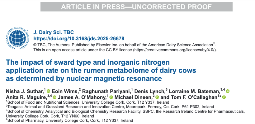 OTomoc's tweet image. 1st publication 🎉 for PhD researcher Nisha Suthar from the @agriculture_ie funded project #PastureNUE now available in-press @jdairyscience
DOI - 10.3168/jds.2025-26678
@fnsucc @teagasc @Mike_Dineen_