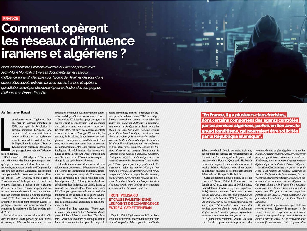 erazavi3's tweet image. "Comment opèrent les réseaux d'influence iarniens et algériens?" Mon décryptage dans la formidable revue Ecran de Veille de ce mois-ci.