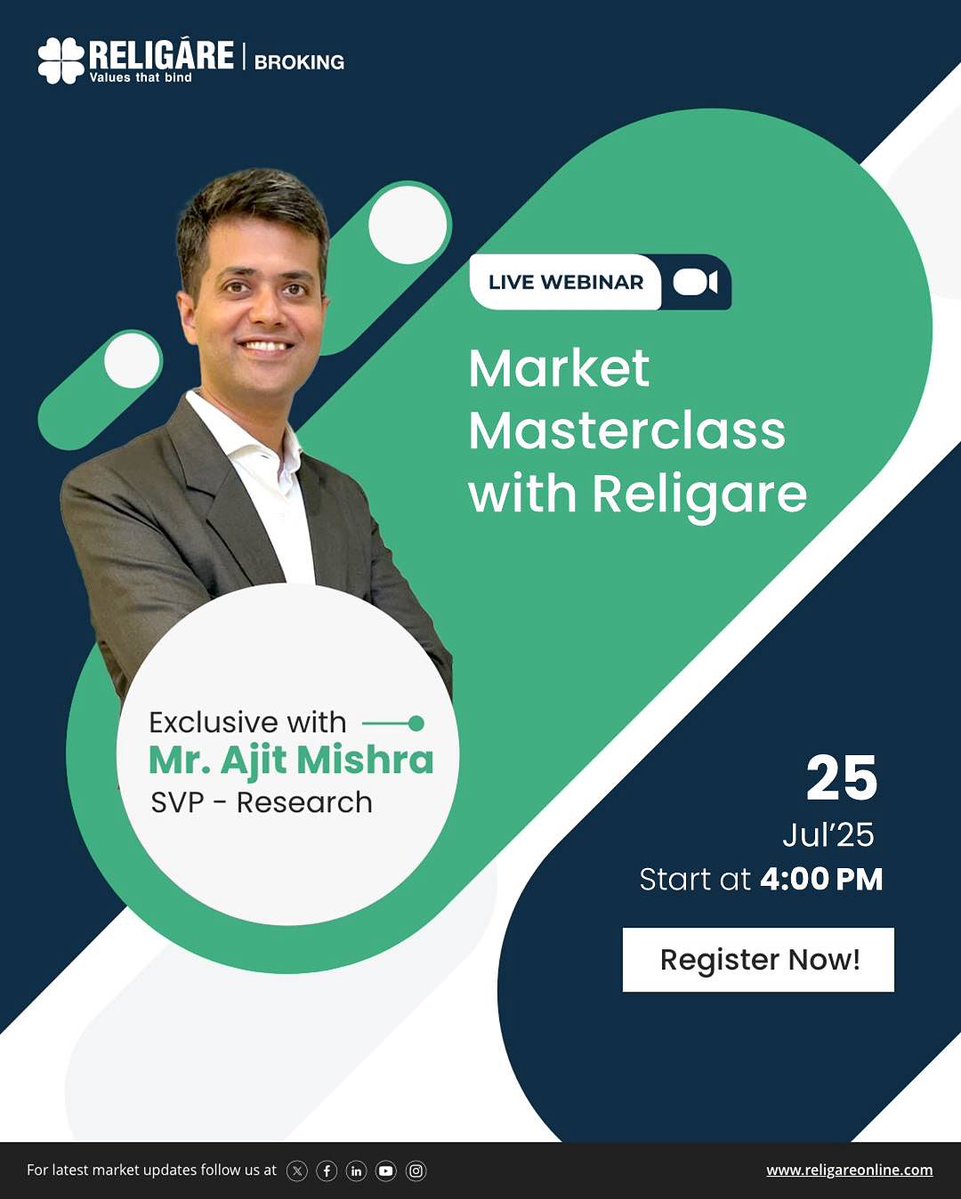 Religare Broking (@religareonline) on Twitter photo Register at rb.gy/byw7i6
for the “Market Masterclass with Religare”
Expert: <a href="/ajit_mishra001/">Ajit Mishra</a>, SVP Research
Date & Time: 25th July, 2025, at 4:00 PM
#religarebroking #researchexperts #stockmarket #Masterclass #freelivewebinar Register at rb.gy/byw7i6
for the “Market Masterclass with Religare”
Expert: <a href="/ajit_mishra001/">Ajit Mishra</a>, SVP Research
Date & Time: 25th July, 2025, at 4:00 PM
#religarebroking #researchexperts #stockmarket #Masterclass #freelivewebinar