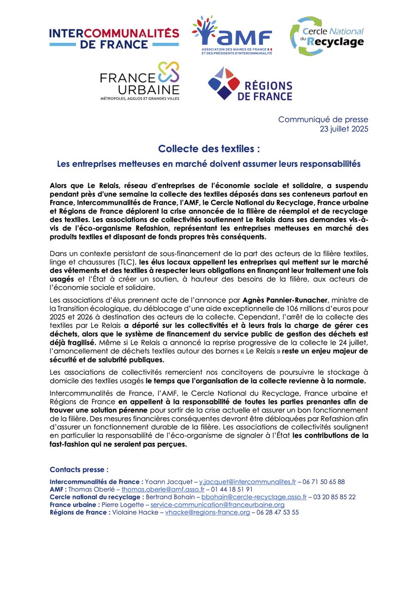 IntercoDeFrance's tweet image. 📣 [Communiqué] Collecte des textiles : Les entreprises metteuses en marché doivent assumer leurs responsabilités

🔴 Alors que Le Relais, réseau d’entreprises de l’économie sociale et solidaire, a suspendu pendant près d’une semaine la collecte des textiles déposés dans ses…