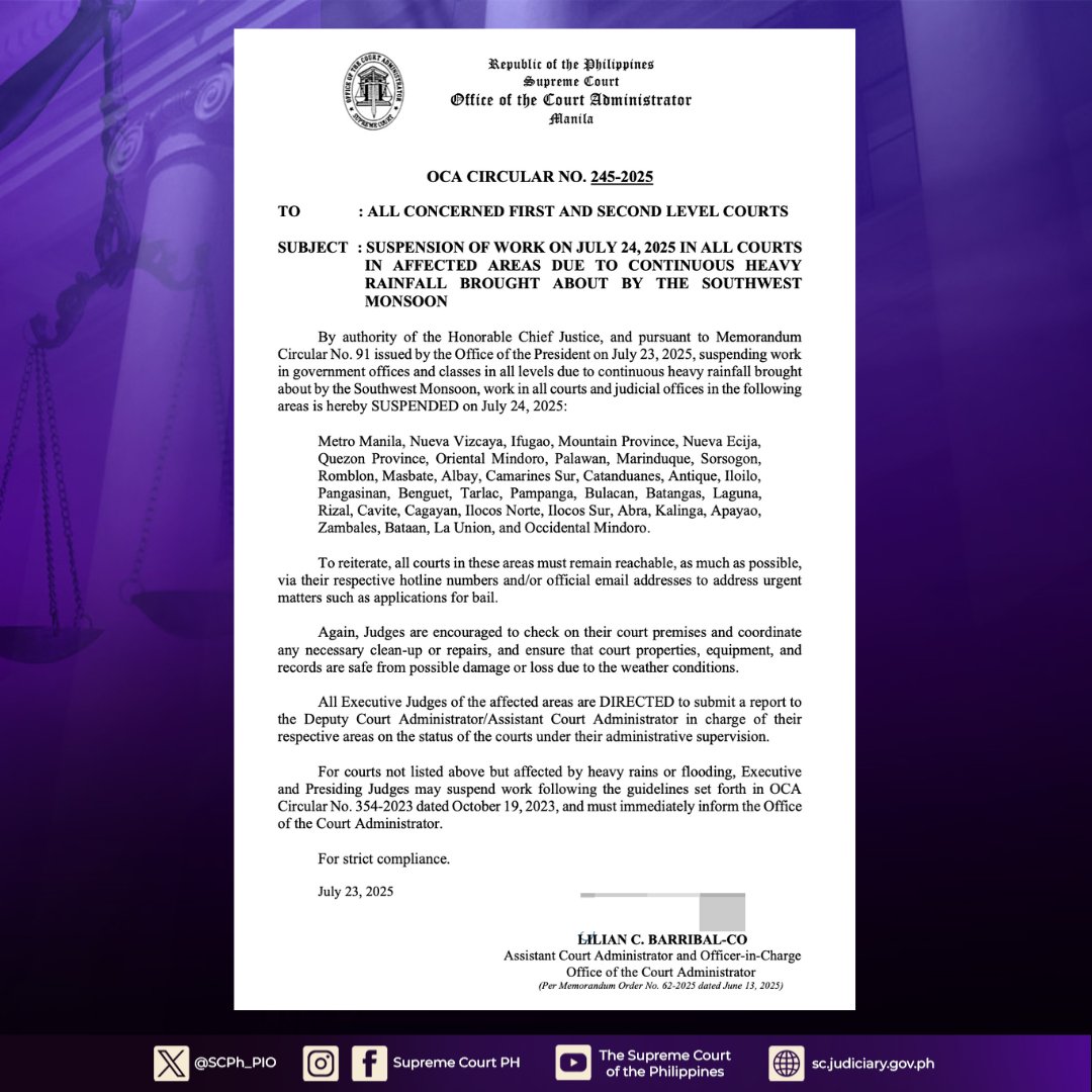 - All courts and judicial offices in the following areas:
Metro Manila
Nueva Vizcaya
Ifugao
Mountain Province
Nueva Ecija
Quezon Province
Oriental Mindoro
Palawan
Marinduque
Sorsogon
Romblon
Masbate
Albay
Camarines Sur
Catanduanes
Antique
Iloilo
Pangasinan
Benguet
Tarlac
Pampanga