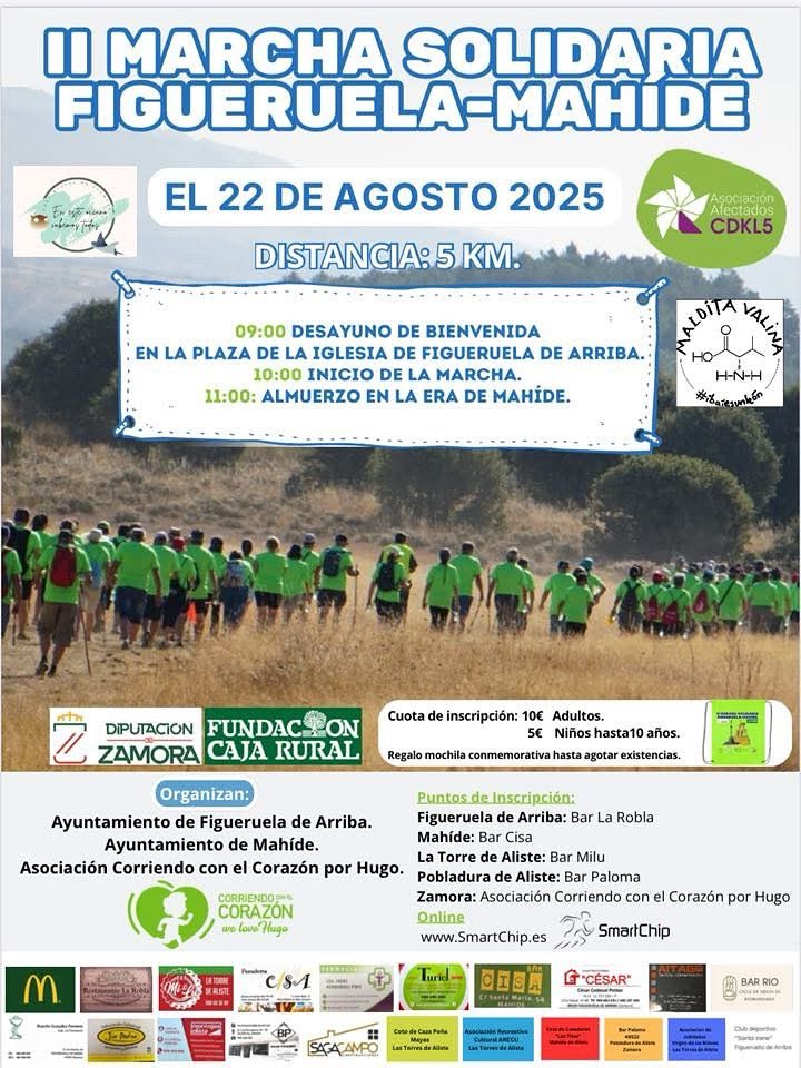 💚 El 22 de agosto tenemos una cita en Figueroela y Mahíde:
II Marcha Solidaria 🥾 por las #EnfermedadesRaras

🕘 9h Desayuno
🚶 10h Marcha (5 km)
🥪 11h Almuerzo

🎒 Inscripciones 👉 smartchip.es/carrera.php?id…
#WeloveHugo #Zamora #Solidaridad #VisibilidadER