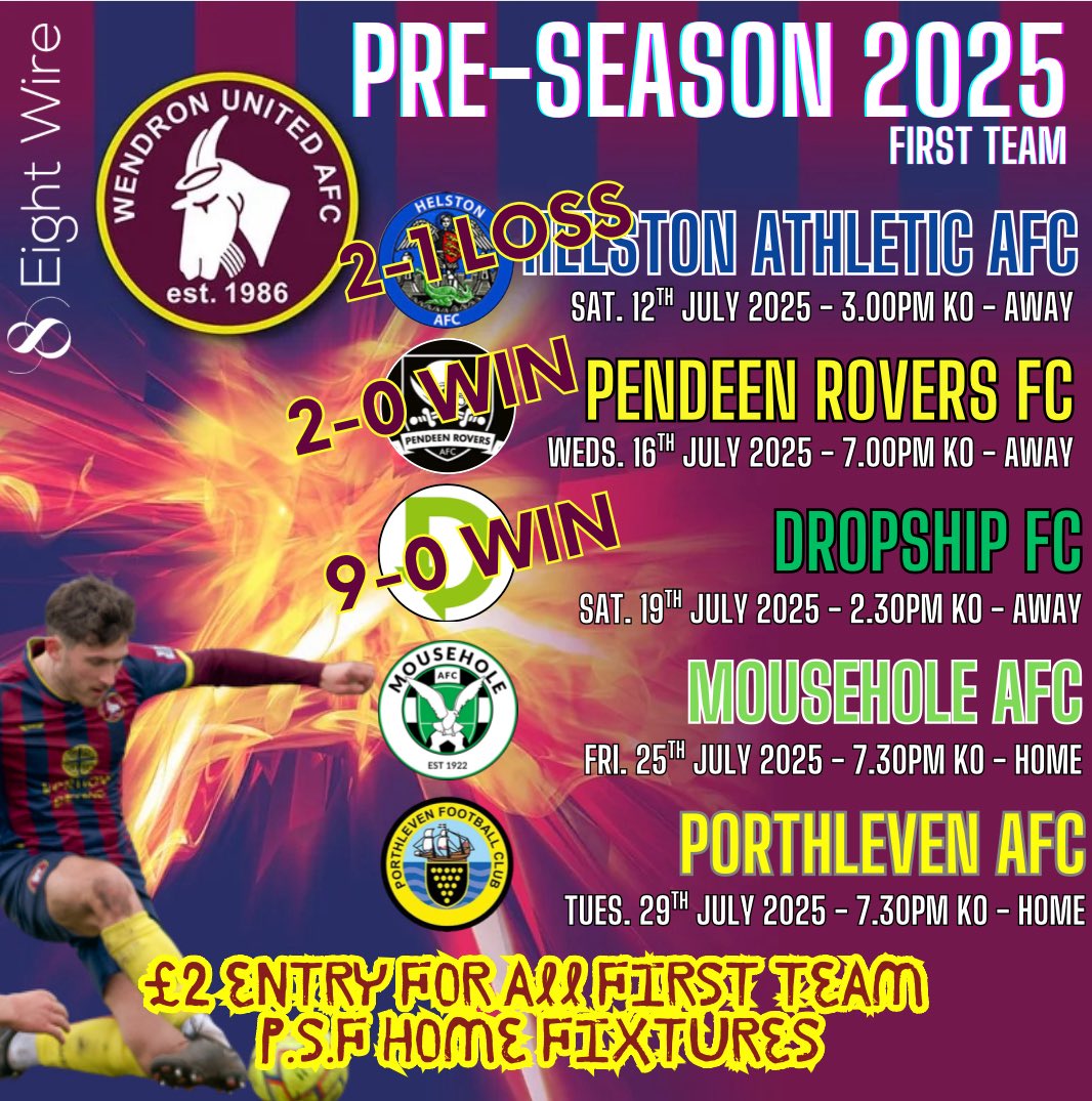 Wendron United AFC (@wendronutdafc) on Twitter photo Next up in our Pre-Season Fixtures we host <a href="/MouseholeAFC/">๐ ๐ข๐จ๐ฆ๐๐๐ข๐๐ ๐๐๐</a> in our first home friendly, this Friday at 7.30pm.
<a href="/NonLeague250/">NonLeagueFan</a>
<a href="/NonLeaguePaper/">The Non-League Paper</a>
<a href="/Cornishfootball/">Dave Deacon</a>
<a href="/swsportsnews/">South West Sports News</a> Next up in our Pre-Season Fixtures we host <a href="/MouseholeAFC/">๐ ๐ข๐จ๐ฆ๐๐๐ข๐๐ ๐๐๐</a> in our first home friendly, this Friday at 7.30pm.
<a href="/NonLeague250/">NonLeagueFan</a>
<a href="/NonLeaguePaper/">The Non-League Paper</a>
<a href="/Cornishfootball/">Dave Deacon</a>
<a href="/swsportsnews/">South West Sports News</a>