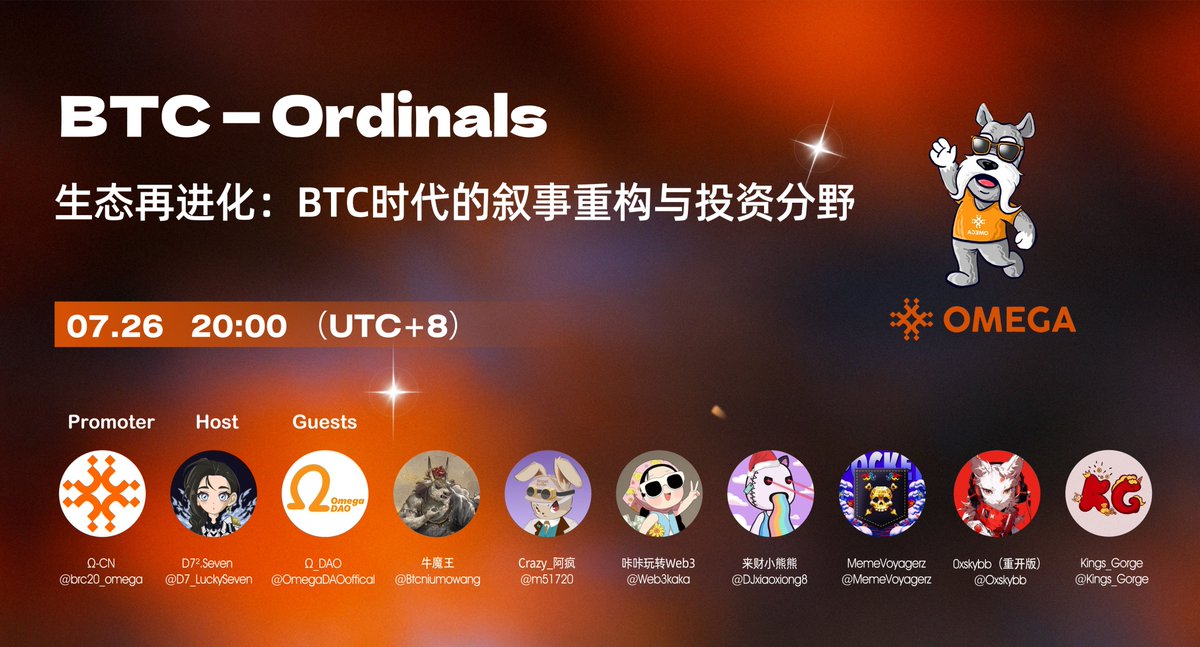 Ω-CN (@brc20_omega) on Twitter photo 🎙️周六比特币生态交流Space🎙️
本周主题:【生态再进化:BTC时代的叙事重构与投资分野】
Space时间:2025年7月26日 20:00PM (UTC+8)
特邀嘉宾:
<a href="/OmegaDAOoffical/">Ω_DAO</a>
<a href="/m51720/">Crazy_阿疯</a>
<a href="/Btcniumowang/">牛魔王🕊️</a>
<a href="/Web3kaka/">❤咔咔❤ 玩转Web3</a>
<a href="/DJxiaoxiong8/">A. 来财小熊熊🔆</a>
<a href="/MemeVoyagerz/">MemeVoyagerz❤️ Memecoin</a>
<a href="/Oxskybb/">0xskybb(重开版)</a>
<a href="/Kings_Gorge/">Kings_Gorge</a>
主持人:
<a href="/D7_LuckySeven/">D7².Seven ❤️</a> 🎙️周六比特币生态交流Space🎙️
本周主题:【生态再进化:BTC时代的叙事重构与投资分野】
Space时间:2025年7月26日 20:00PM (UTC+8)
特邀嘉宾:
<a href="/OmegaDAOoffical/">Ω_DAO</a>
<a href="/m51720/">Crazy_阿疯</a>
<a href="/Btcniumowang/">牛魔王🕊️</a>
<a href="/Web3kaka/">❤咔咔❤ 玩转Web3</a>
<a href="/DJxiaoxiong8/">A. 来财小熊熊🔆</a>
<a href="/MemeVoyagerz/">MemeVoyagerz❤️ Memecoin</a>
<a href="/Oxskybb/">0xskybb(重开版)</a>
<a href="/Kings_Gorge/">Kings_Gorge</a>
主持人:
<a href="/D7_LuckySeven/">D7².Seven ❤️</a>